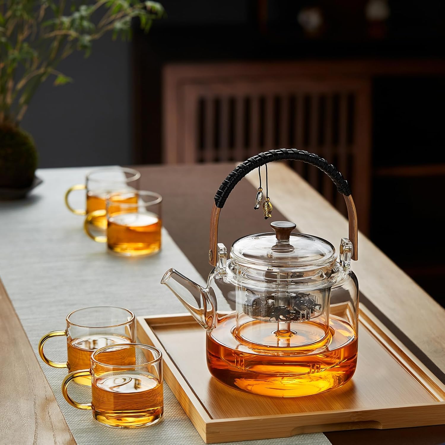 Pisces Glass Teapot 1090ml – Heat-Resistant Direct Fire Tea Kettle with Glass Strainer &amp; Bamboo Handle