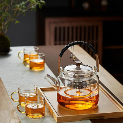 Pisces Glass Teapot 1090ml – Heat-Resistant Direct Fire Tea Kettle with Glass Strainer &amp; Bamboo Handle