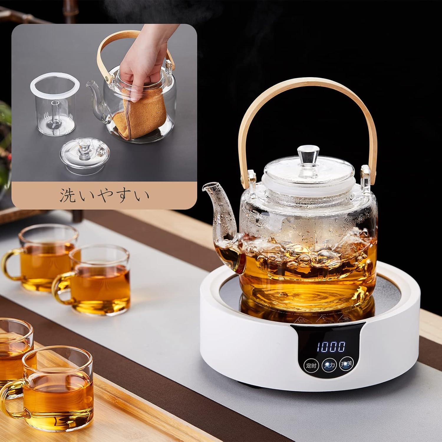 Heat-Resistant Glass Teapot 1000ml – Direct Fire Compatible Tea Kettle with Glass Tea Strainer &amp; Bamboo Handle