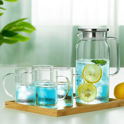 Pocaroty Heat-Resistant Glass Pitcher – 1250ml Large Capacity Water Carafe with Lid