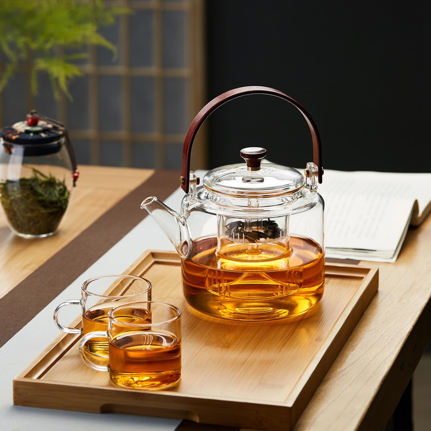 Pocaroty Heat-Resistant Glass Teapot 1100ml – Direct Fire Safe with Wooden Handle &amp; Dual Tea Strainers