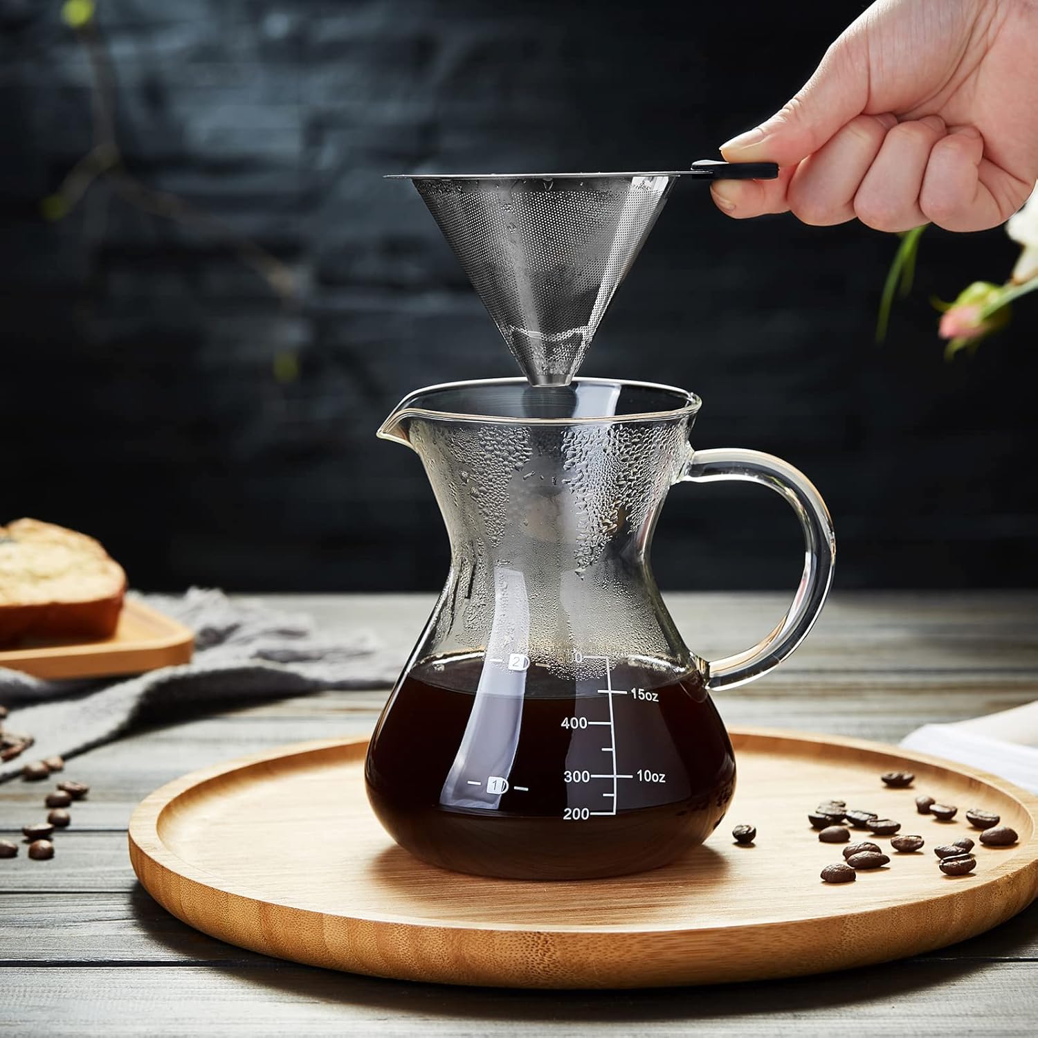 Pokarotee Drip Coffee Server – 500ml Glass Carafe with Reusable Stainless Steel Filter
