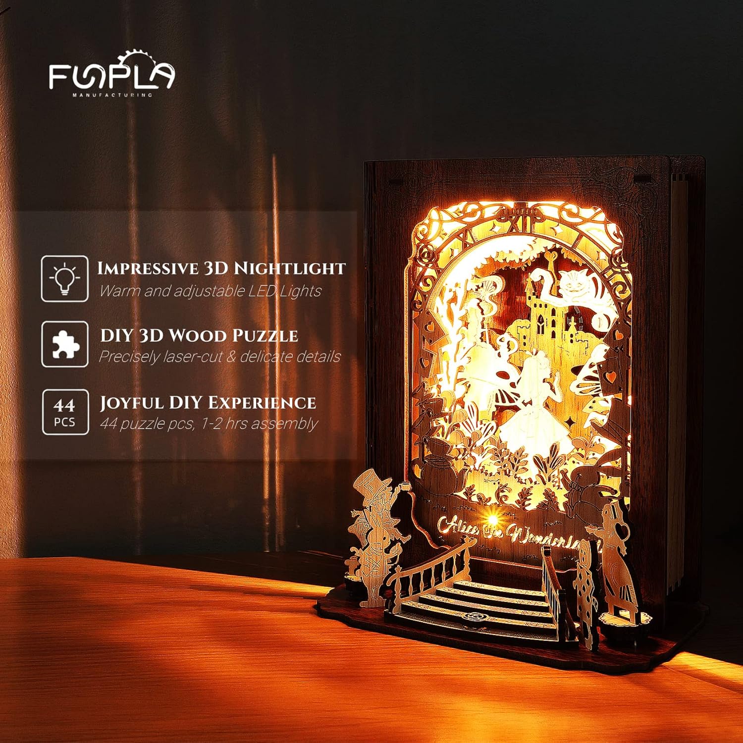 FUNPOLA Alice in Wonderland 3D Wooden Puzzle Night Light | DIY LED Book Lamp