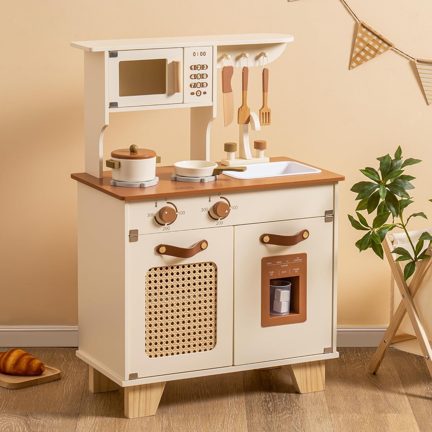 ROBOTIME WCF25 Wooden Pretend Play Kitchen Set – Scandinavian Mini Kitchen with Utensils, Magnetic Accessories &amp; Storage