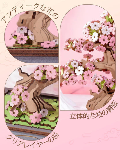 ROBOTIME Sakura &amp; Evergreen Pine Bonsai 3D Wooden Puzzle – DIY Japanese-Style Plant Model Kit for Beginners