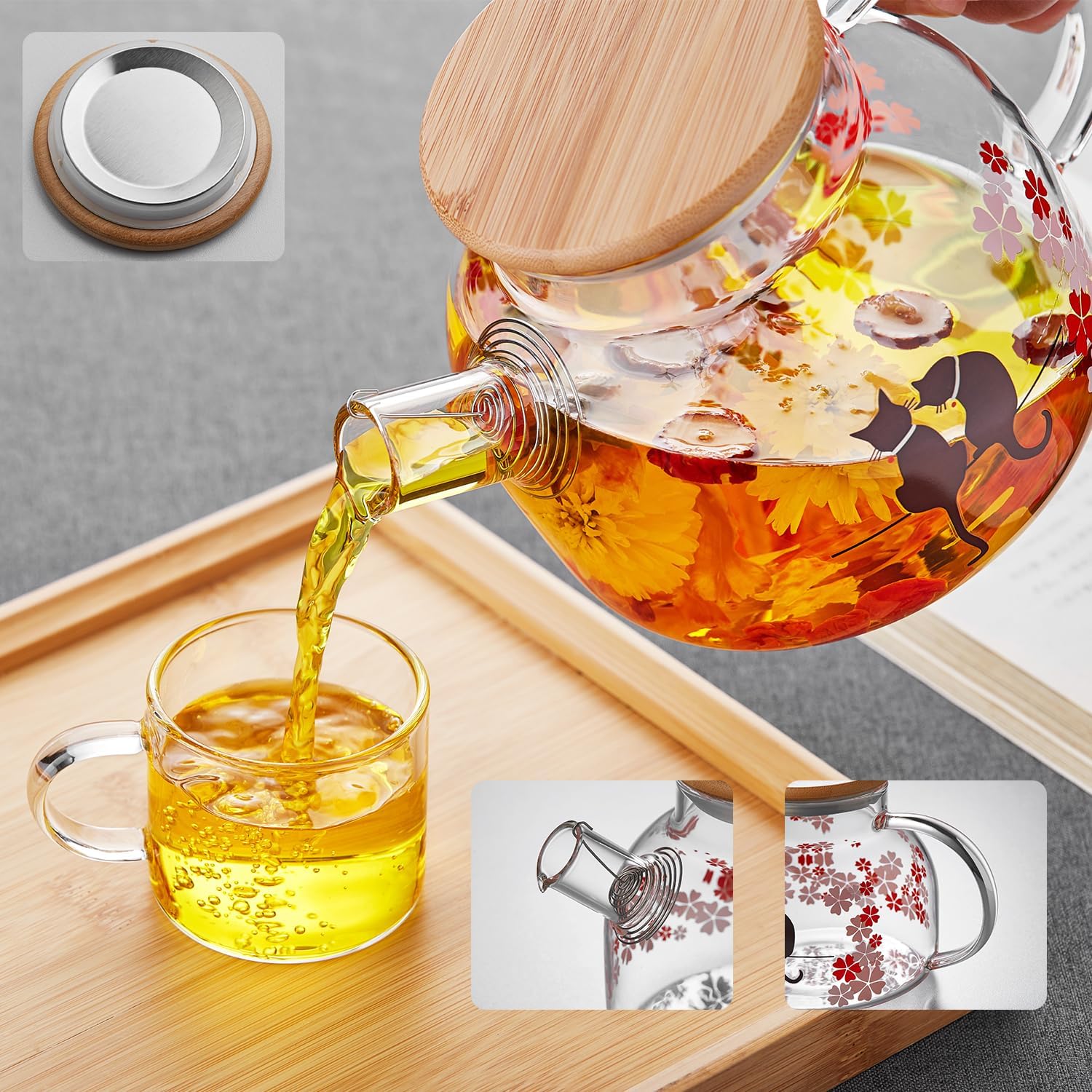 Pocarati Cherry Blossom Cat Glass Teapot 1000ml – Heat Resistant, Cute Round Design, Direct Flame Safe