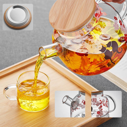 Pocarati Cherry Blossom Cat Glass Teapot 1000ml – Heat Resistant, Cute Round Design, Direct Flame Safe