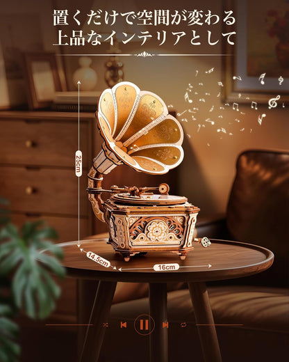ROBOTIME Retro Phonograph 3D Wooden Puzzle – DIY Mechanical Music Box Model Kit with Gear-Driven Automatic Playback