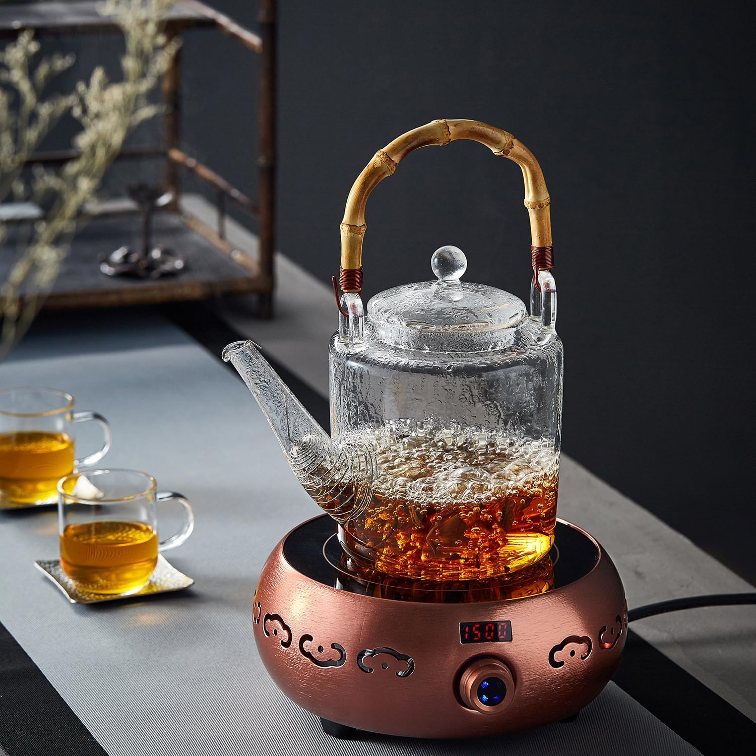 Pocarati Wild Glass Teapot 1350ml – Heat-Resistant, Direct Flame Safe with Gold Strainer