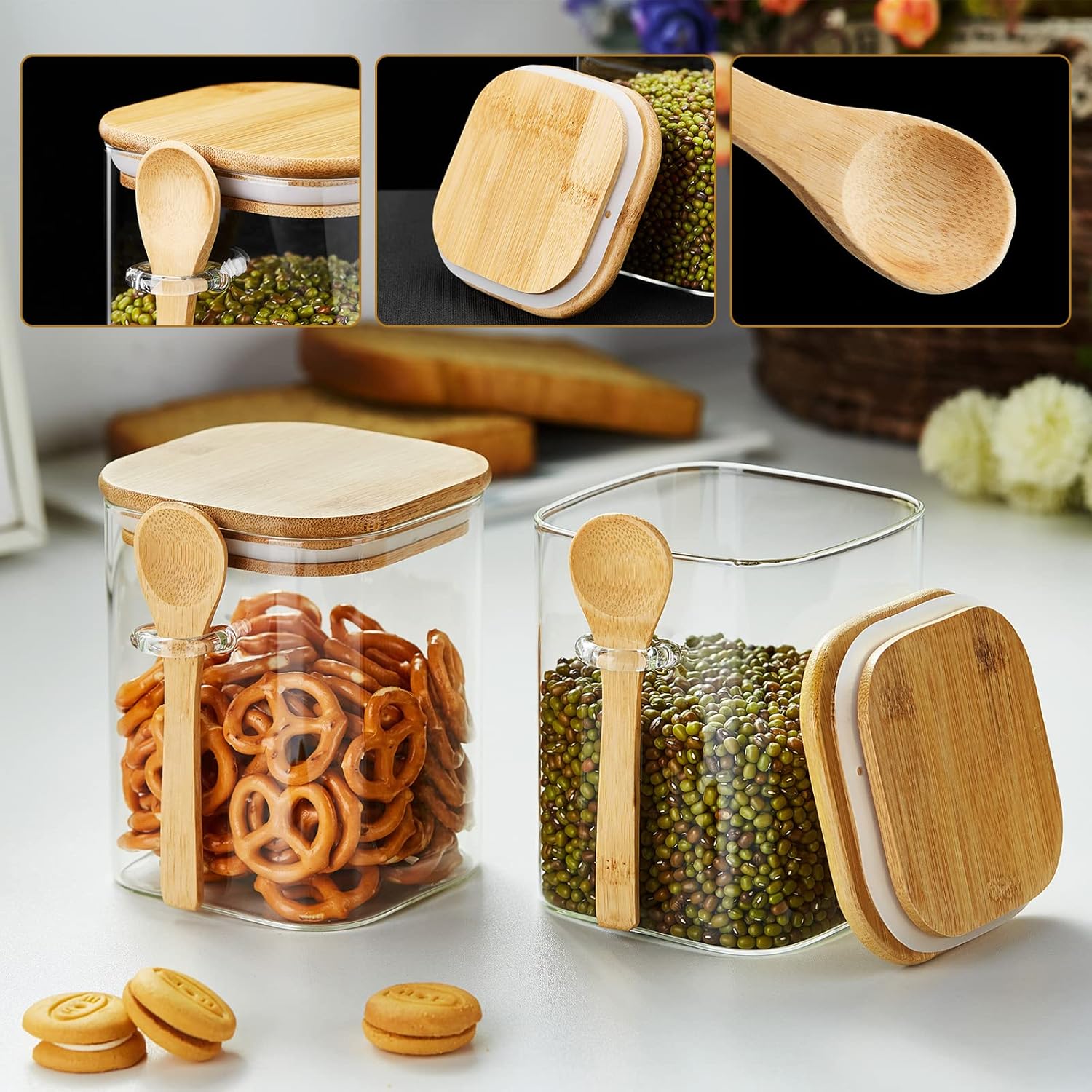 Airtight Glass Storage Canisters – 900ml Set of 2 with Bamboo Lids &amp; Spoons