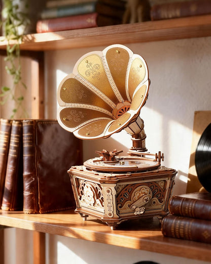 ROBOTIME Retro Phonograph 3D Wooden Puzzle – DIY Mechanical Music Box Model Kit with Gear-Driven Automatic Playback