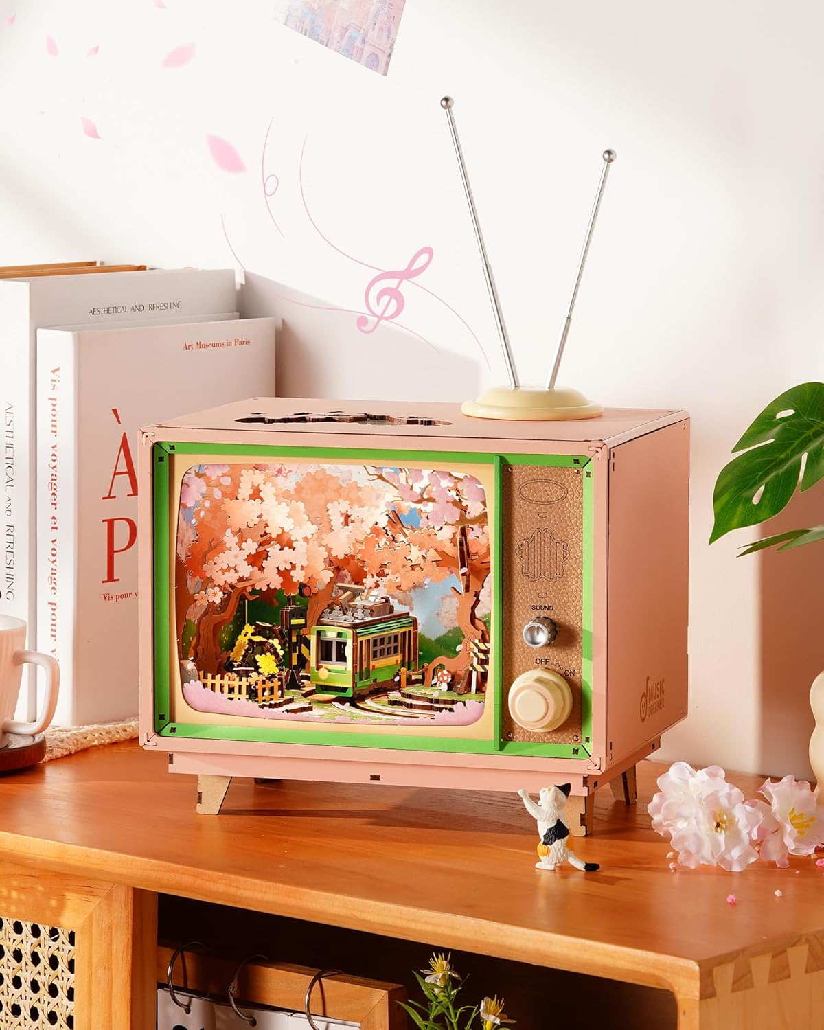 ROBOTIME Cherry Blossom Train Musical Box 3D Wooden Puzzle – DIY Handmade Music Box, Japanese-Inspired Craft Kit &amp; Home Decor for Kids and Adults