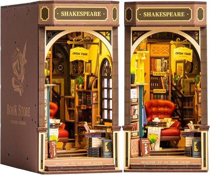 Rolife Bookstore Book Nook Kit | 3D Wooden Puzzle Miniature Shelf Decor with LED Light
