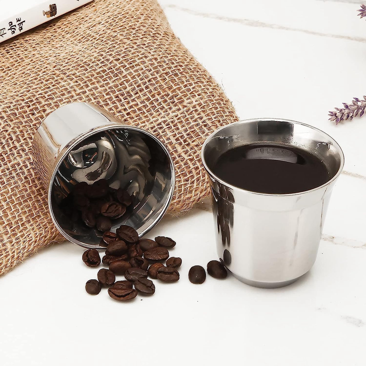 Easyworkz Stainless Steel Espresso Cups – Double Wall Insulated Demitasse Set of 2, 75ml, Chrome