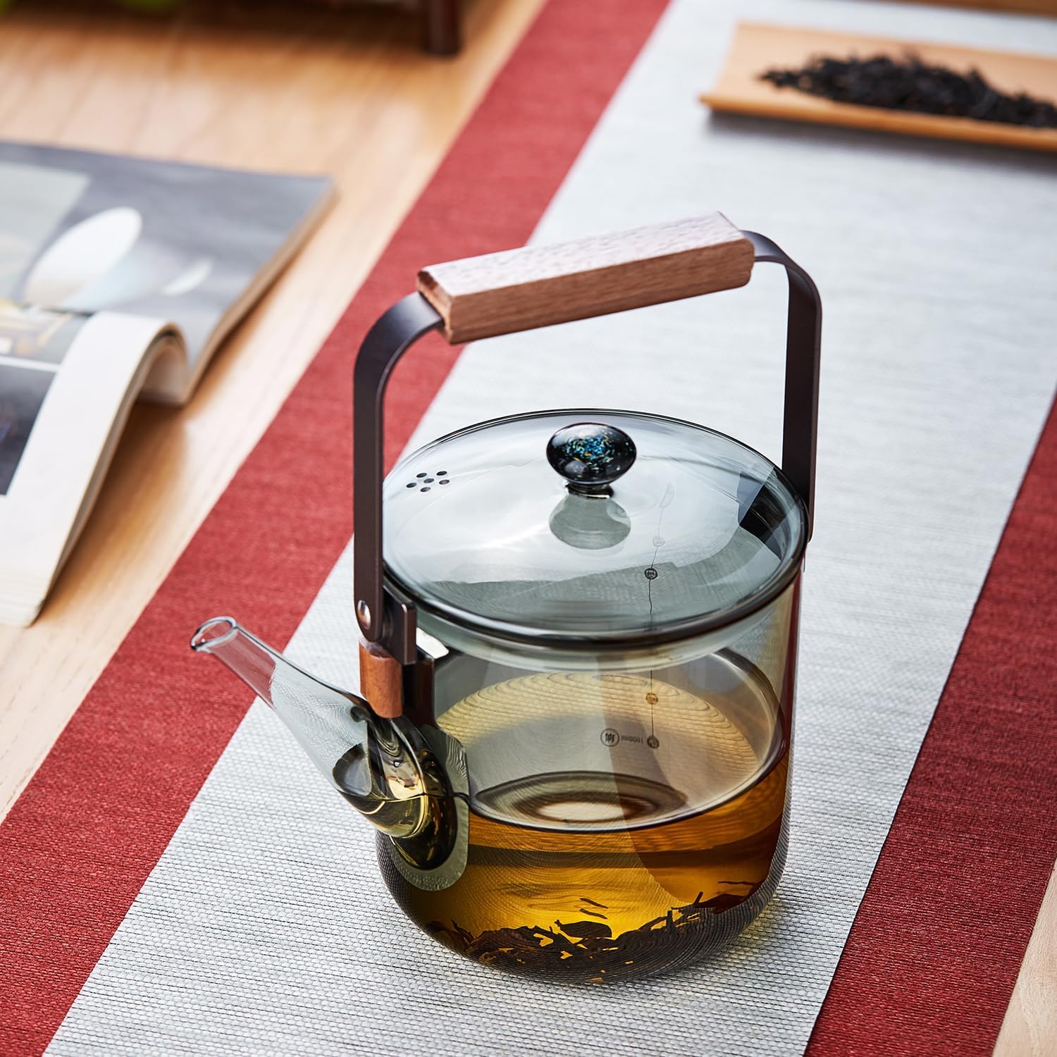 Heat-Resistant Glass Teapot 1100ml – Ink Design, Wooden Handle, Direct Fire Safe, Stylish Craft Tea Kettle