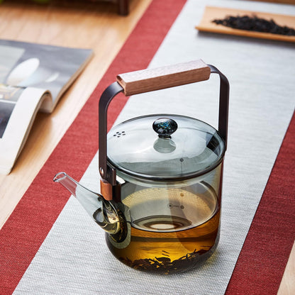 Heat-Resistant Glass Teapot 1100ml – Ink Design, Wooden Handle, Direct Fire Safe, Stylish Craft Tea Kettle