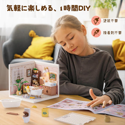 ROBOTIME DW014B Super Creator Pop Bubble Bathroom Miniature House Kit – DIY Dollhouse with LED Light &amp; Detailed Accessories