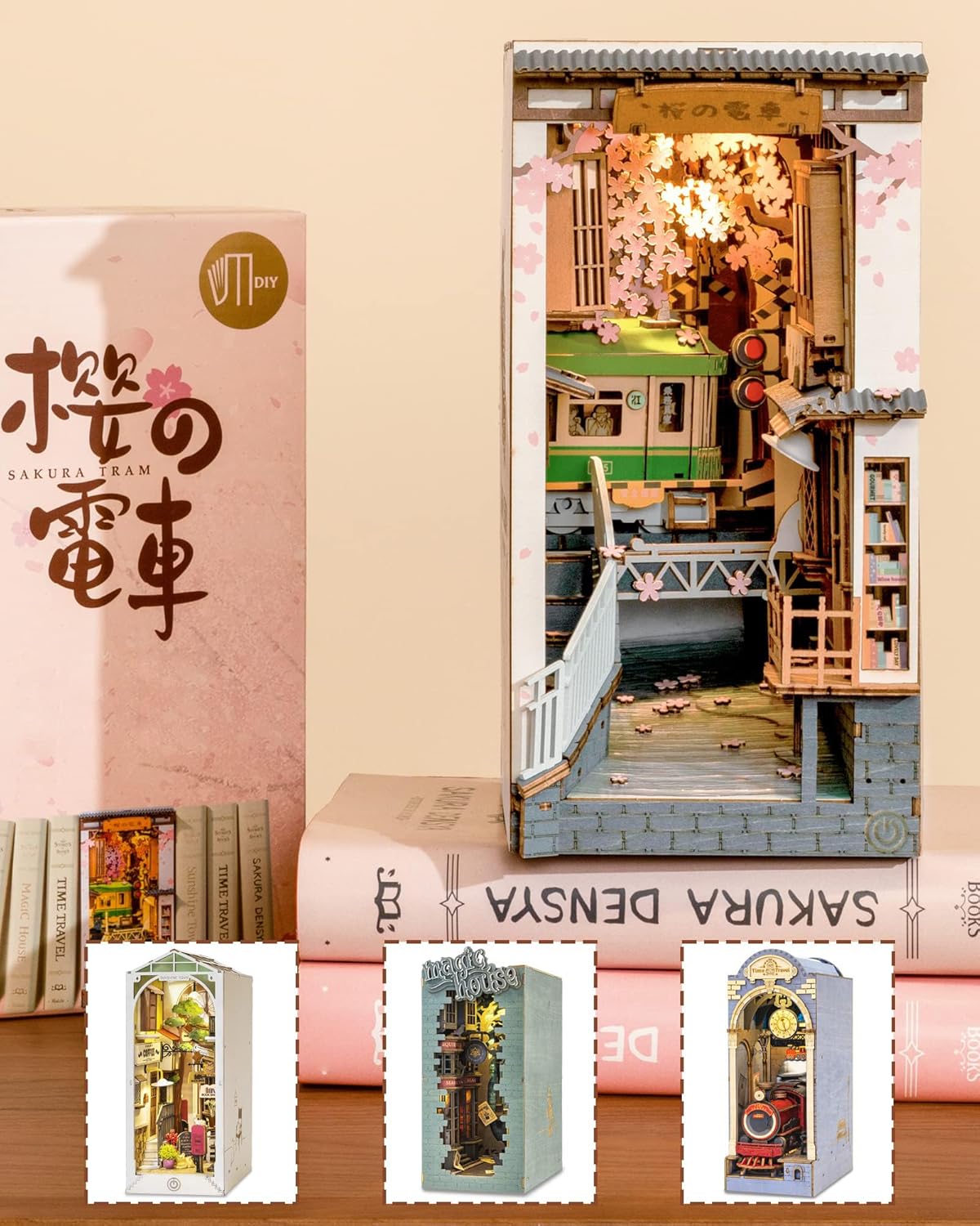 ROBOTIME Cherry Blossom Train Book Nook Kit – DIY 3D Wooden Puzzle with LED Lights &amp; Bookend Function