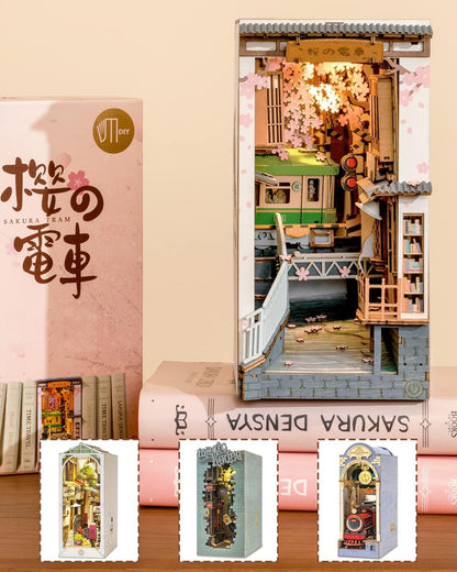 ROBOTIME Cherry Blossom Train Book Nook Kit – DIY 3D Wooden Puzzle with LED Lights &amp; Bookend Function