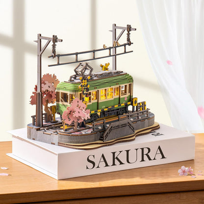 ROBOTIME Cherry Blossom Train 3D Wooden Puzzle with LED Lights – DIY Mechanical Assembly Model, Japanese-Style Craft Kit &amp; Decorative Educational Toy