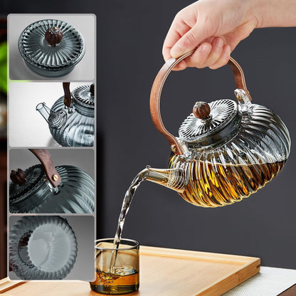 Heat-Resistant Glass Teapot 920ml – Pumpkin Design with Wooden Handle &amp; Tea Strainer