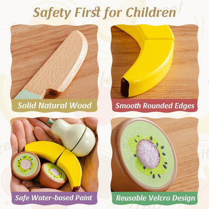 ROBOTIME Wooden Play Food Set with Picnic Basket – Pretend Kitchen Toy with Fruits, Desserts, Drinks &amp; Cookware for Kids Ages 3+