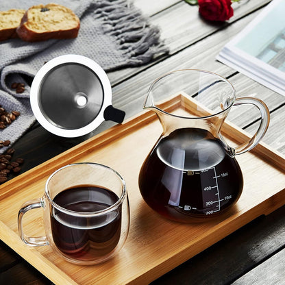 Pokarotee Drip Coffee Server – 500ml Glass Carafe with Reusable Stainless Steel Filter