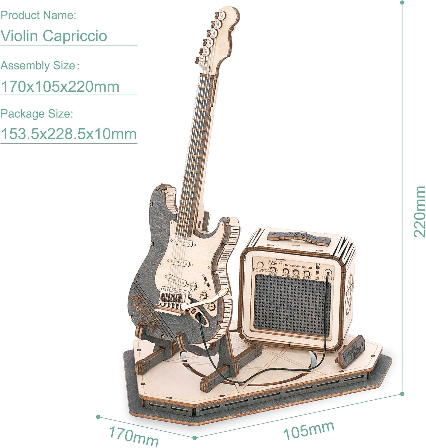 ROBOTIME Electric Guitar 3D Wooden Puzzle – DIY Craft Assembly Model Kit, Musical Instrument Series