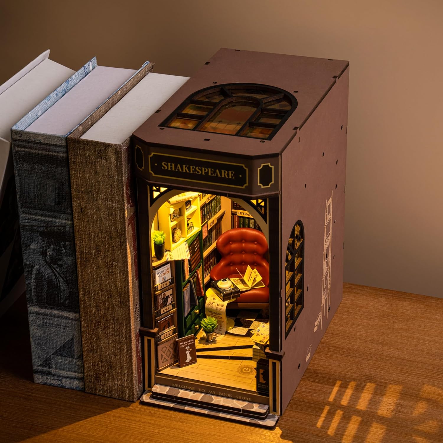 ROBOTIME DIY Book Nook Kit – 3D Wooden Miniature Dollhouse with LED Light, Handmade Bookshelf Decoration for Beginners