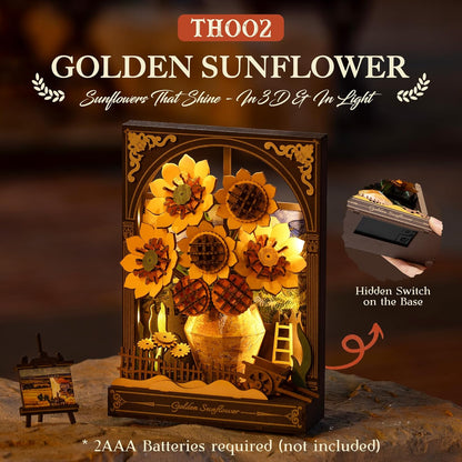 ROBOTIME TH002 Golden Sunflower Wooden Flower Building Set with Lights – DIY Van Gogh Inspired Wall Art Craft for Adults