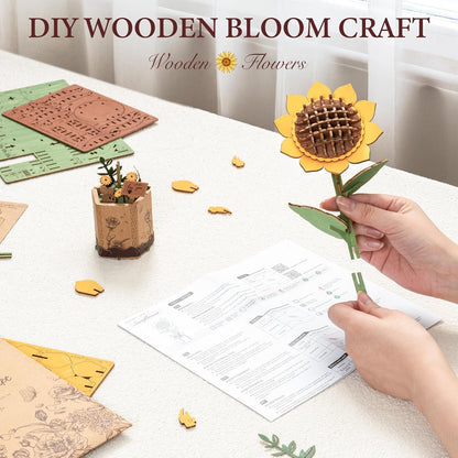 ROBOTIME Sunflower 3D Wooden Puzzle – DIY Botanical Flower Model Kit, Creative Craft &amp; Home Decoration Gift for Adults