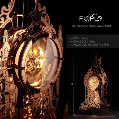 FUNPOLA 3D Acrylic LED Metal Puzzle Clock Tower Model | DIY Handmade Table Clock