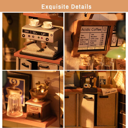 ROBOTIME DIY Miniature Café Dollhouse Kit with LED Lights – Handmade Model House Craft for Home Décor &amp; Gifts