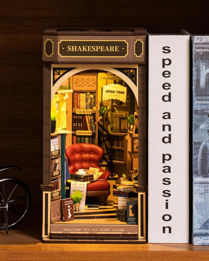 ROBOTIME DIY Book Nook Kit – 3D Wooden Miniature Dollhouse with LED Light, Handmade Bookshelf Decoration for Beginners
