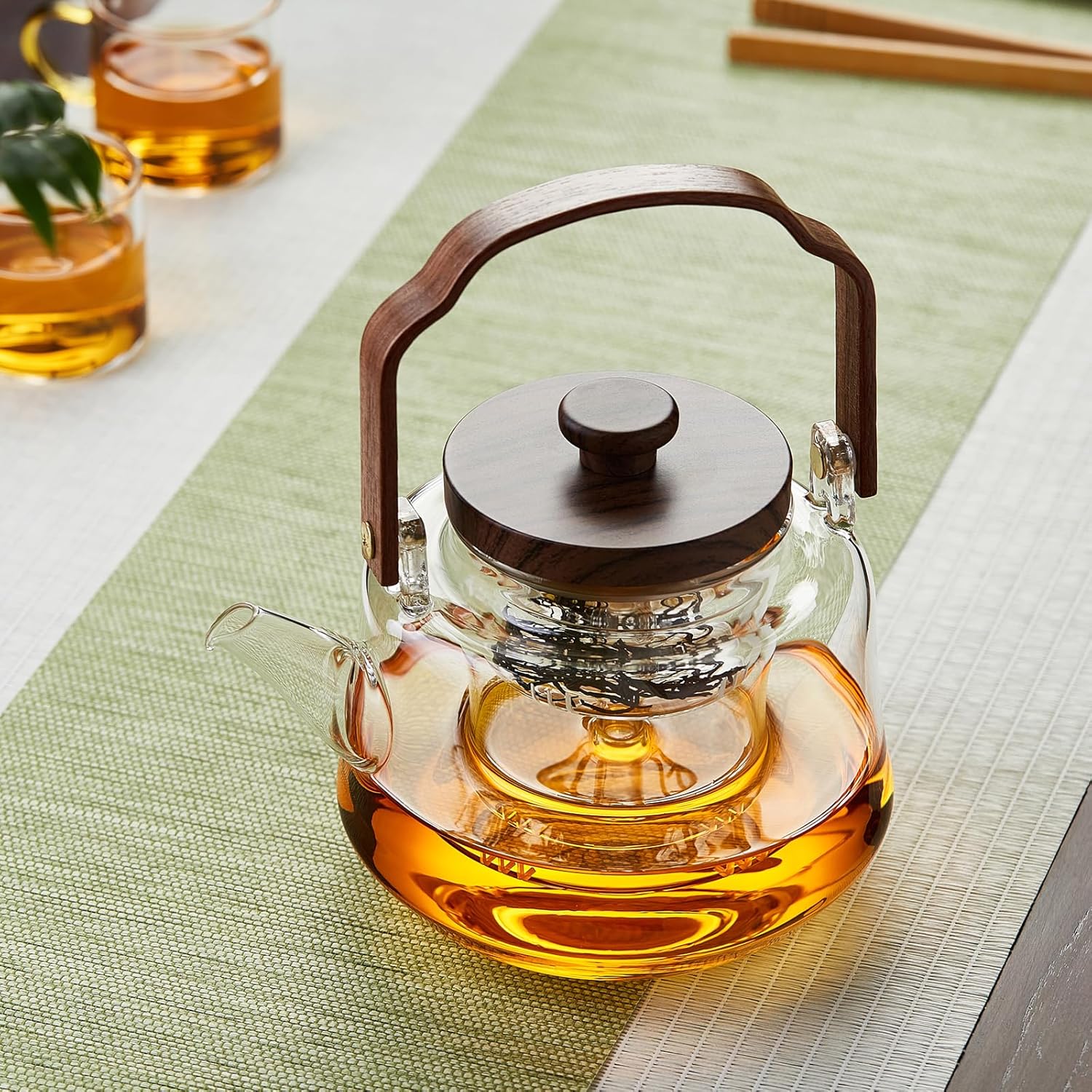 Pocarati Heat-Resistant Glass Teapot 1100ml – Inky Design, Wooden Handle, Glass Infuser, Direct Flame Safe