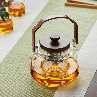 Pocarati Heat-Resistant Glass Teapot 1100ml – Inky Design, Wooden Handle, Glass Infuser, Direct Flame Safe