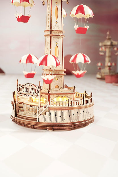 ROBOTIME Amusement Park Parachute Tower 3D Wooden Puzzle – 184 Piece DIY Mechanical Model Kit