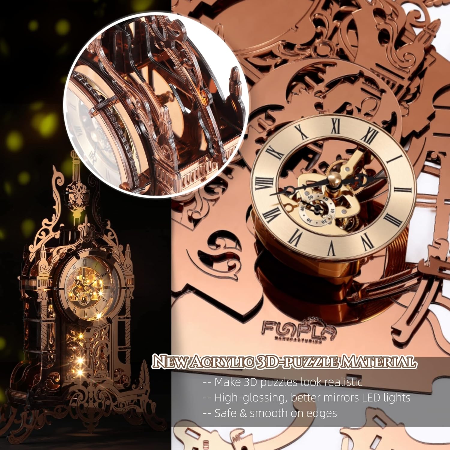 FUNPOLA 3D Acrylic LED Metal Puzzle Clock Tower Model | DIY Handmade Table Clock