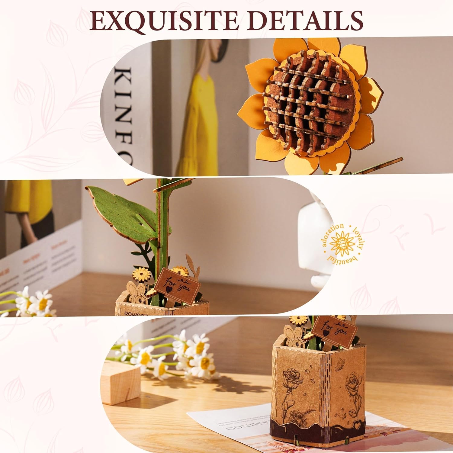 ROBOTIME Sunflower 3D Wooden Puzzle – DIY Botanical Flower Model Kit, Creative Craft &amp; Home Decoration Gift for Adults
