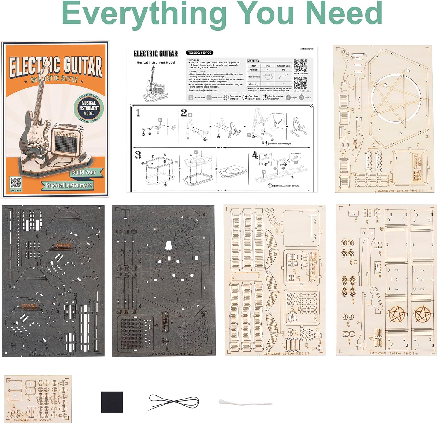 ROBOTIME Electric Guitar 3D Wooden Puzzle – DIY Craft Assembly Model Kit, Musical Instrument Series