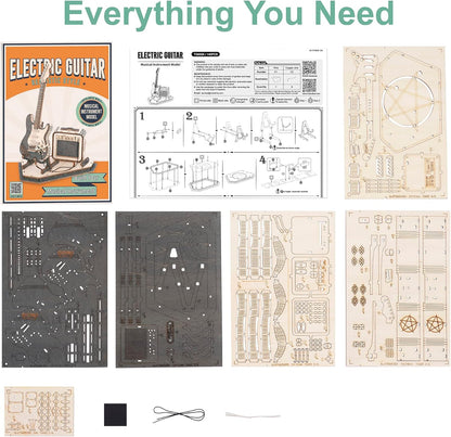 ROBOTIME Electric Guitar 3D Wooden Puzzle – DIY Craft Assembly Model Kit, Musical Instrument Series