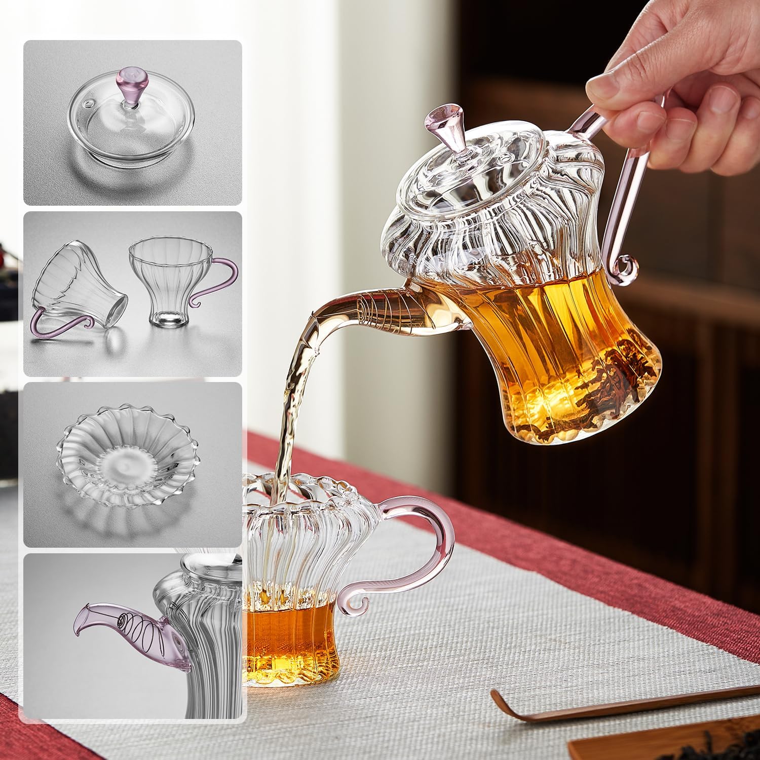 Pocaroty Pink Princess Tea Set 340ml – Handmade Glass Teapot with Cups &amp; Saucers for 2