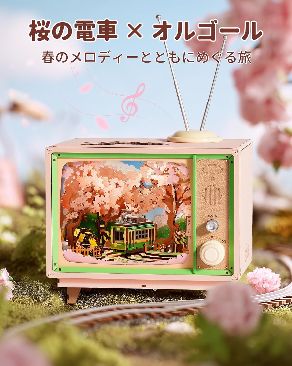 ROBOTIME Cherry Blossom Train Musical Box 3D Wooden Puzzle – DIY Handmade Music Box, Japanese-Inspired Craft Kit &amp; Home Decor for Kids and Adults