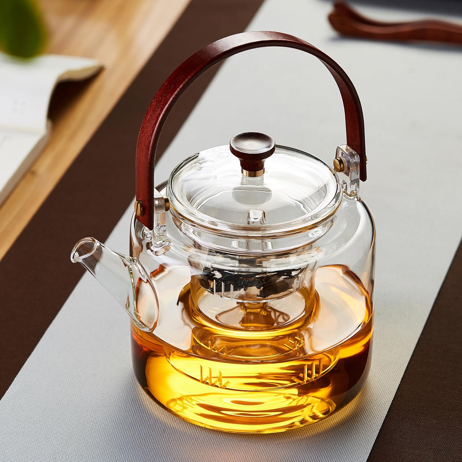 Pocaroty Heat-Resistant Glass Teapot 1100ml – Direct Fire Safe with Wooden Handle &amp; Dual Tea Strainers