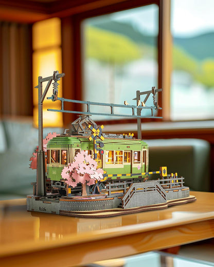 Rolife Cherry Blossom Journey 3D Wooden Puzzle | DIY LED Train Model with Japanese Style Decor