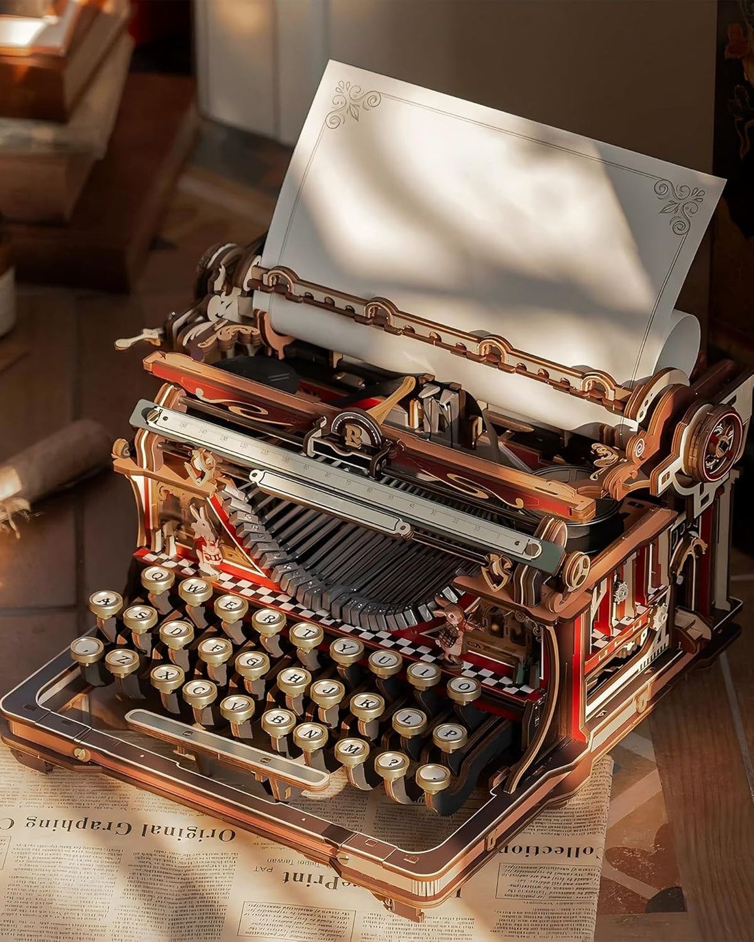 ROBOTIME LK703C Vintage Typewriter 3D Wooden Puzzle – DIY Mechanical Model Kit, Movable Craft Assembly, Educational Brain Training Toy for Adults