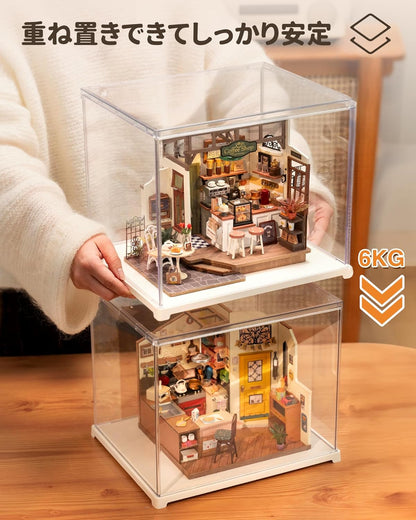 ROBOTIME Acrylic Display Case for Miniature House &amp; Dollhouse – Dustproof Protective Cover, Stackable Showcase