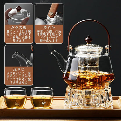 Pocarati Morning Glory Borosilicate Glass Teapot 1250ml – Heat Resistant, Direct Flame Safe with Wooden Handle &amp; Dual Tea Strainers