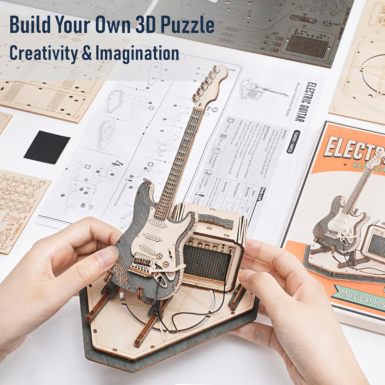 ROBOTIME Electric Guitar 3D Wooden Puzzle – DIY Craft Assembly Model Kit, Musical Instrument Series