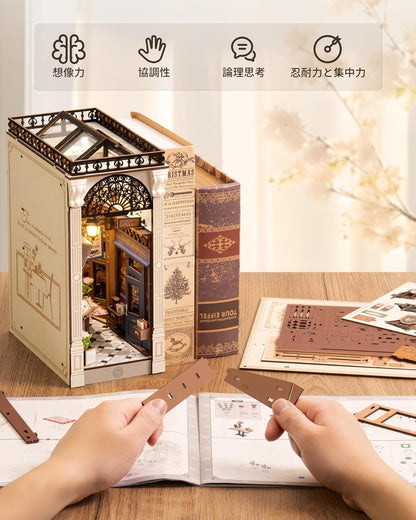 ROBOTIME DIY Book Nook Kit – 3D Wooden Puzzle Miniature Dollhouse with LED Light, Bookshelf Decoration for Beginners